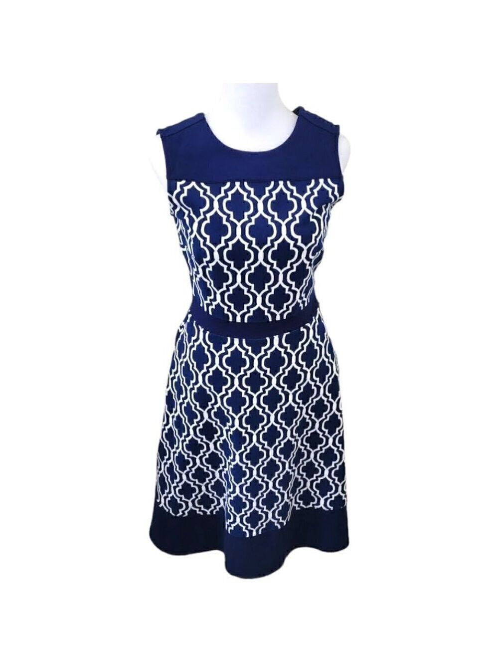 Land's End Fit & Flare Dress Sleeveless Geometric Print Stretch Navy Size 2 - Picture 1 of 14